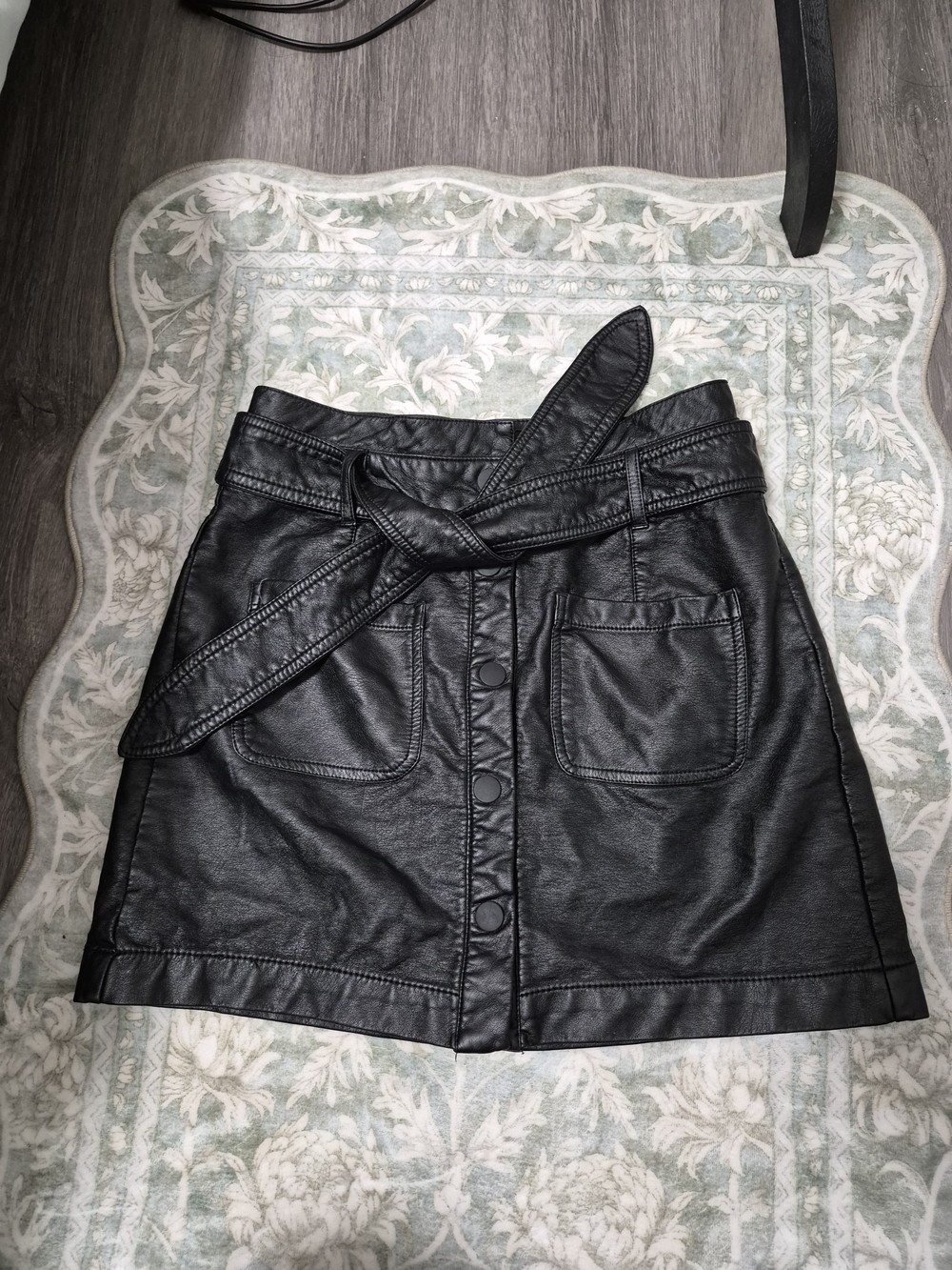 Black Faux Leather Belted Mini Skirt with Front Buttons